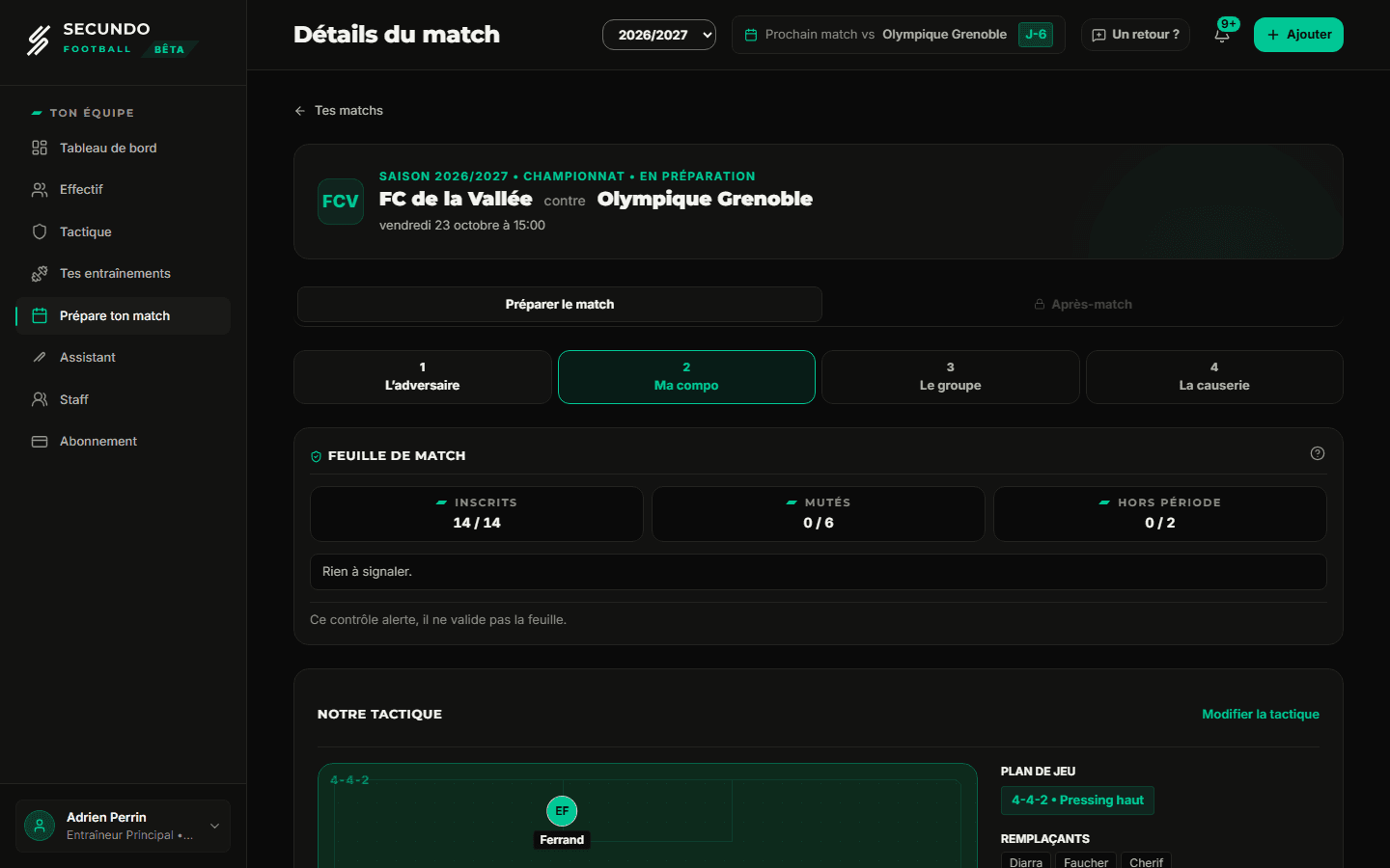 La préparation d’un match dans Secundo : la feuille de match contrôlée et la composition.
