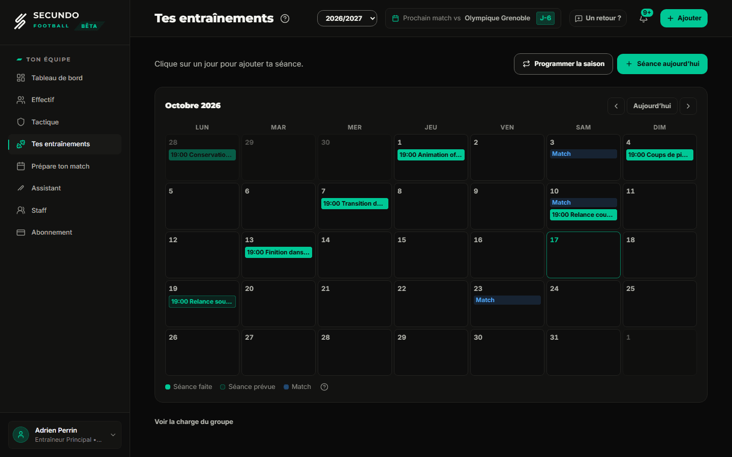 Le calendrier des séances d’entraînement dans Secundo.
