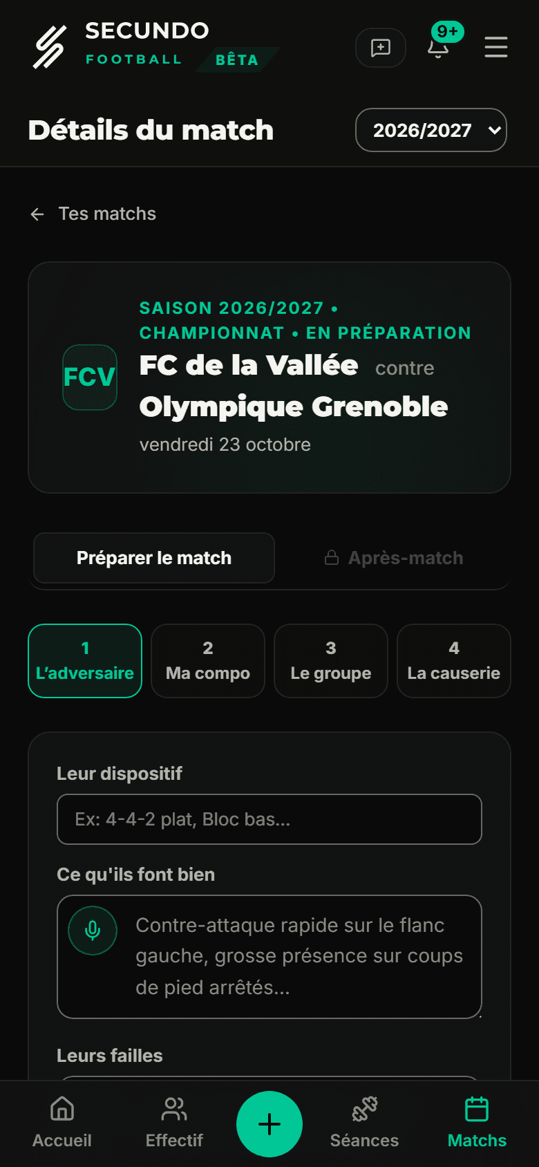 La préparation d’un match dans Secundo : la feuille de match contrôlée et la composition.
